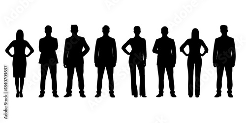 Business people silhouettes in formal wear standing in various professional poses