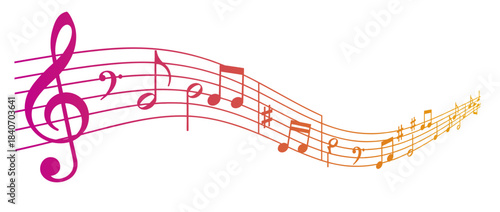 Music staff with colorful musical notes in various shades of pink and orange