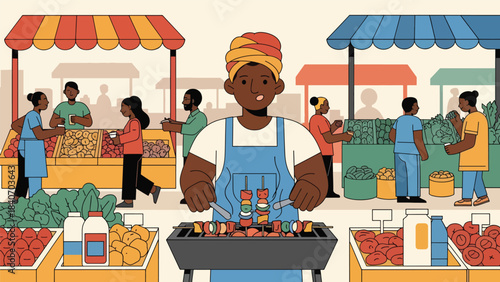 African street vendor grilling suya skewers in open market. Flat modern vector for cultural African cuisine and traditional street food