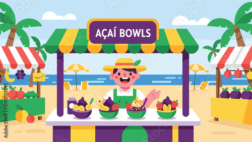 African street vendor grilling suya skewers in open market. Flat modern vector for cultural African cuisine and traditional street food