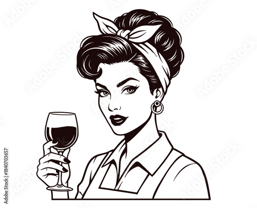 Pin up girl retro style woman holding a glass of red beverage in her hand