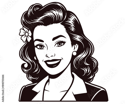 Retro pin up woman head smiling girl vintage pop art style illustration vector
