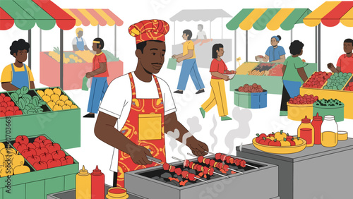 African street vendor grilling suya skewers in open market. Flat modern vector for cultural African cuisine and traditional street food