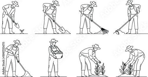 Farmers and Gardeners Engaged in Various Agricultural Activities, Planting, Tending, and Harvesting Produce Line Art Vector