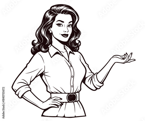 Retro woman showing product vintage pop art fashion lady promoting with hand gesture