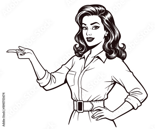 Retro woman pointing finger vintage pop art fashion lady indicating direction showing