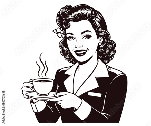 Retro woman with cup coffee vintage pop art fashion lady enjoying hot drink beverage