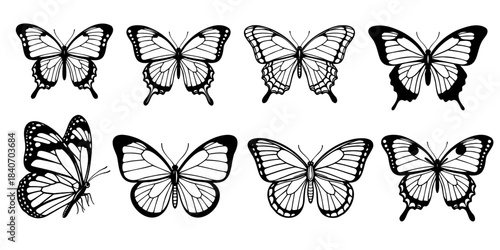 Set of beautiful black and white butterfly silhouette icons isolated on transparent background