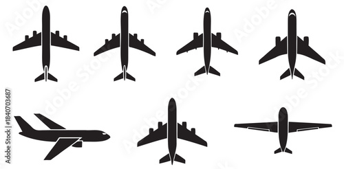 Set of airplane silhouettes passenger aircraft collection isolated on transparent background