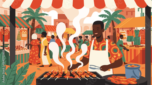 African street vendor grilling suya skewers in open market. Flat modern vector for cultural African cuisine and traditional street food