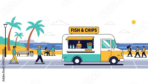 Australian food truck selling fish and chips near beach promenade. Flat vector for global street food and seaside culinary themes