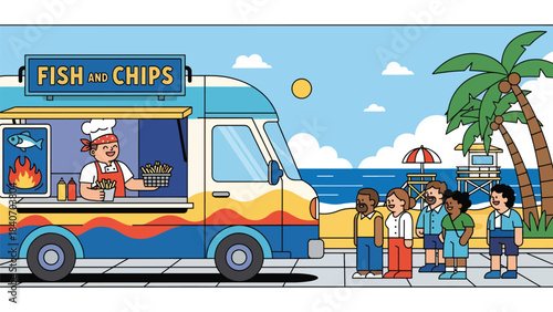 Australian food truck selling fish and chips near beach promenade. Flat vector for global street food and seaside culinary themes