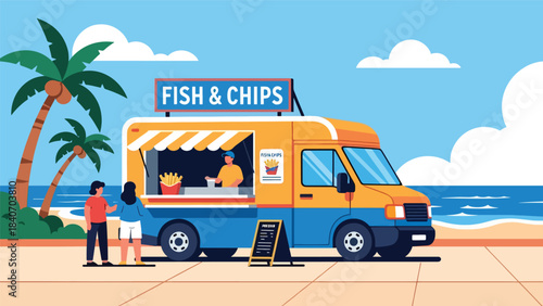 Australian food truck selling fish and chips near beach promenade. Flat vector for global street food and seaside culinary themes