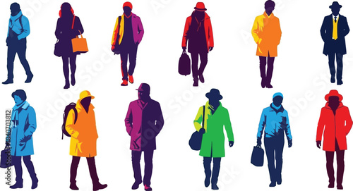 Diverse group of people walking in colorful coats, modern vibrant vector illustration.