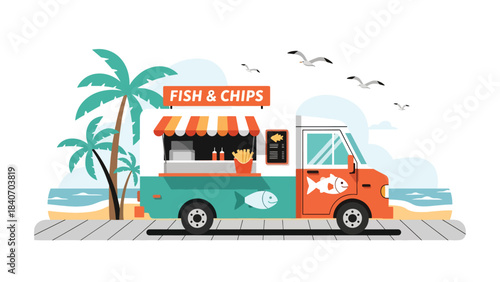 Australian food truck selling fish and chips near beach promenade. Flat vector for global street food and seaside culinary themes
