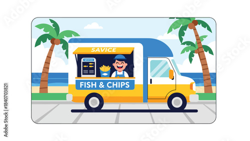 Australian food truck selling fish and chips near beach promenade. Flat vector for global street food and seaside culinary themes