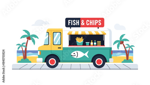 Australian food truck selling fish and chips near beach promenade. Flat vector for global street food and seaside culinary themes