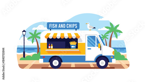 Australian food truck selling fish and chips near beach promenade. Flat vector for global street food and seaside culinary themes