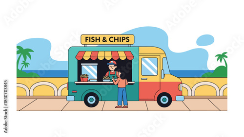 Australian food truck selling fish and chips near beach promenade. Flat vector for global street food and seaside culinary themes