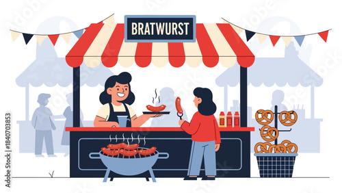 German bratwurst stand serving sausages and pretzels at market. Flat vector for European street food and cultural culinary themes