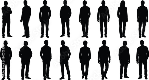 Diverse group of standing people silhouettes for architectural scale and design elements.
