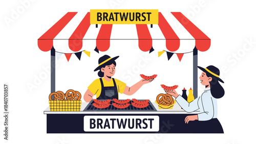 German bratwurst stand serving sausages and pretzels at market. Flat vector for European street food and cultural culinary themes