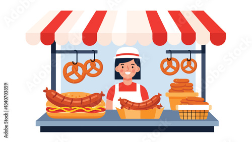 German bratwurst stand serving sausages and pretzels at market. Flat vector for European street food and cultural culinary themes