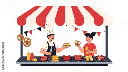 German bratwurst stand serving sausages and pretzels at market. Flat vector for European street food and cultural culinary themes