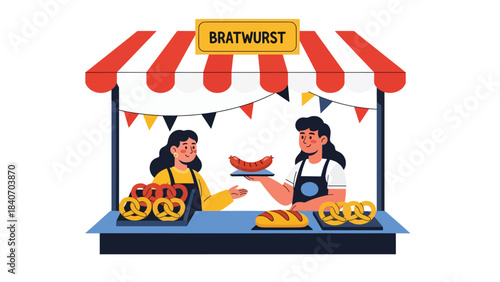 German bratwurst stand serving sausages and pretzels at market. Flat vector for European street food and cultural culinary themes