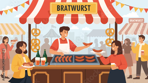 German bratwurst stand serving sausages and pretzels at market. Flat vector for European street food and cultural culinary themes