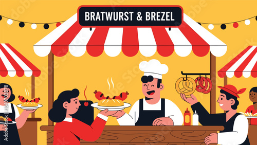 German bratwurst stand serving sausages and pretzels at market. Flat vector for European street food and cultural culinary themes