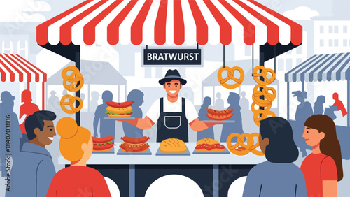German bratwurst stand serving sausages and pretzels at market. Flat vector for European street food and cultural culinary themes