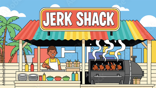 Caribbean jerk chicken vendor grilling spicy chicken at street stall. Flat vector for tropical cuisine and island-style street food culture
