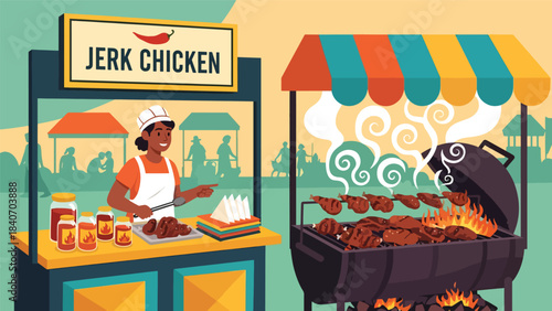 Caribbean jerk chicken vendor grilling spicy chicken at street stall. Flat vector for tropical cuisine and island-style street food culture