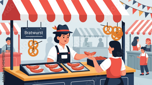 German bratwurst stand serving sausages and pretzels at market. Flat vector for European street food and cultural culinary themes