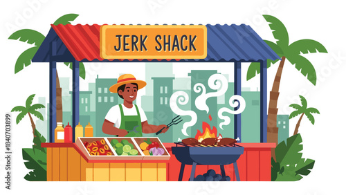 Caribbean jerk chicken vendor grilling spicy chicken at street stall. Flat vector for tropical cuisine and island-style street food culture