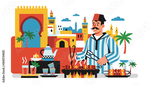 Moroccan street vendor grilling kebabs and serving mint tea. Flat vector for Middle Eastern cuisine and cultural food market themes