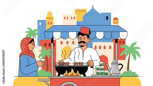 Moroccan street vendor grilling kebabs and serving mint tea. Flat vector for Middle Eastern cuisine and cultural food market themes