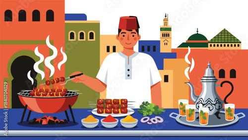 Moroccan street vendor grilling kebabs and serving mint tea. Flat vector for Middle Eastern cuisine and cultural food market themes