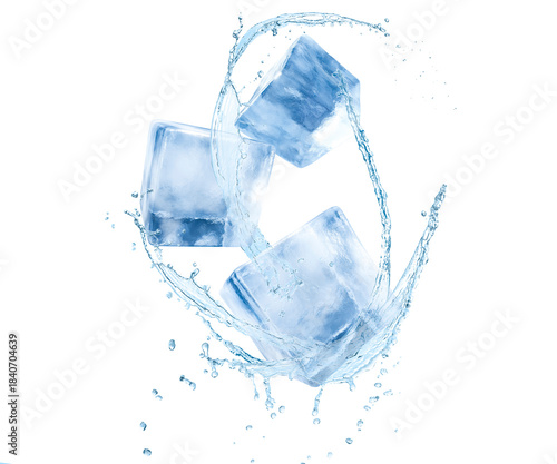 Ice cubes and splash of water in air on white background