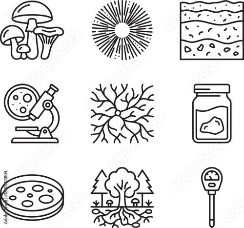 Set of eight mycology and soil science line icons with mushrooms and microscope