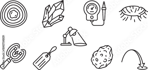 Set of eight geology and mineralogy line icons with crystals, rocks, and tools