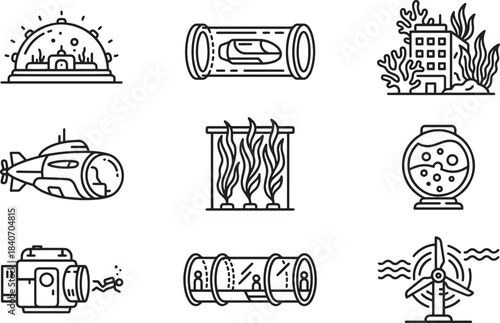 Set of eight underwater research and ocean exploration line icons with submarine