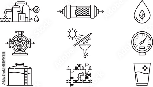 Set of eight water treatment and purification line icons with filters and pumps
