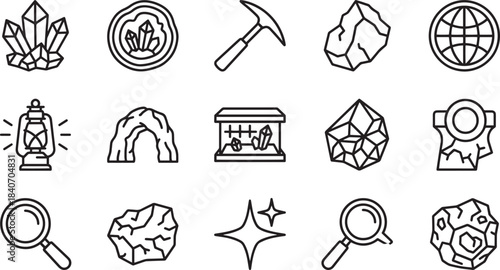 Set of geology and mineralogy related line icons for gem mining and rock collecting concept