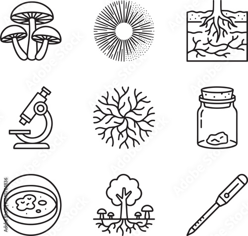 Set of fungi and microbiology black line vector icons on transparent background
