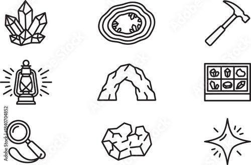 Set of geology and mineralogy related line icons for gem mining and rock collecting concept