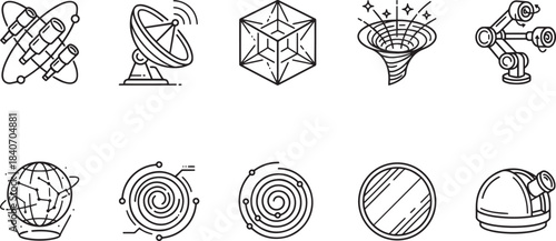 Set of space exploration and astronomy related line icons for scientific research concept