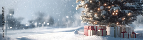 Christmas tree closeup with gifts on snowy golf course with golf ball lying in the snow and golf flag in the background. Concept of resting golf sport during Christmas time.