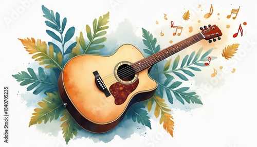 watercolor guitar with leaves and musical notes clip art preview